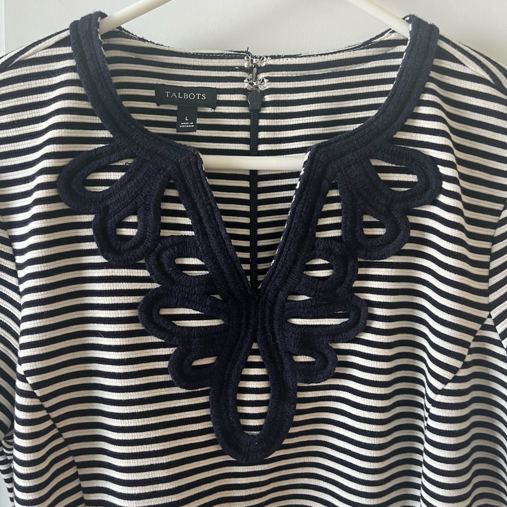 Talbots Navy and White Striped Sheath Midi Dress with Embroidered Detail Large - Picture 4 of 5